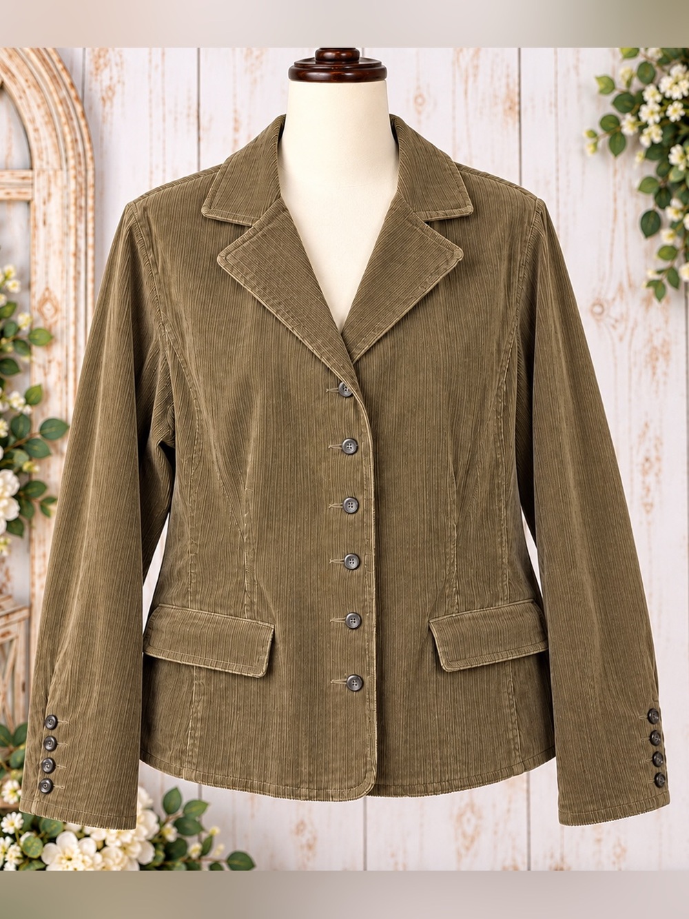 Liz Claiborne Corduroy Blazer Olive Khaki Relaxed Boxy Fit Fully Lined